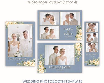 Dusty Blue Floral Wedding Photobooth Template, Elegant Photo Strip Overlay (Digital Download)