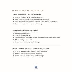 Pode incluir: Gr&aacute;fico branco com instru&ccedil;&otilde;es sobre como editar um modelo usando Adobe Photoshop, Photopea e outras ferramentas de edi&ccedil;&atilde;o de imagem. O texto inclui etapas para abrir arquivos, editar camadas de texto e salvar como imagem PNG.