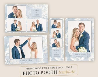 Pacote de Templates PSD para Cabine de Fotos de Casamento | Floral Azul Acinzentado | Tira Editável 4x6 e 2x6 | Download Imediato