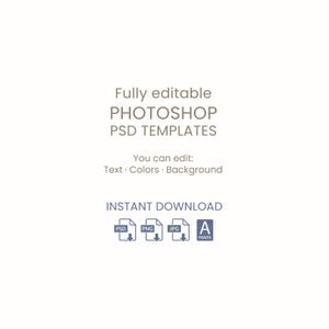 Pode incluir: Gr&aacute;fico digital com o texto "Totalmente edit&aacute;vel PHOTOSHOP PSD TEMPLATES". Abaixo, diz "Voc&ecirc; pode editar: Texto Cores Fundo". A imagem tamb&eacute;m inclui &iacute;cones para PSD, PNG, JPG e fontes, com as palavras "DOWNLOAD INSTANT&Acirc;NEO".