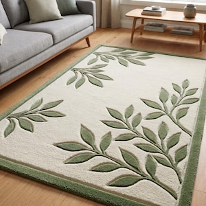Minimalist Green Leaf Hand Tufted Rug, Modern Botanical Area Rug, Neutral Cream Carpet.