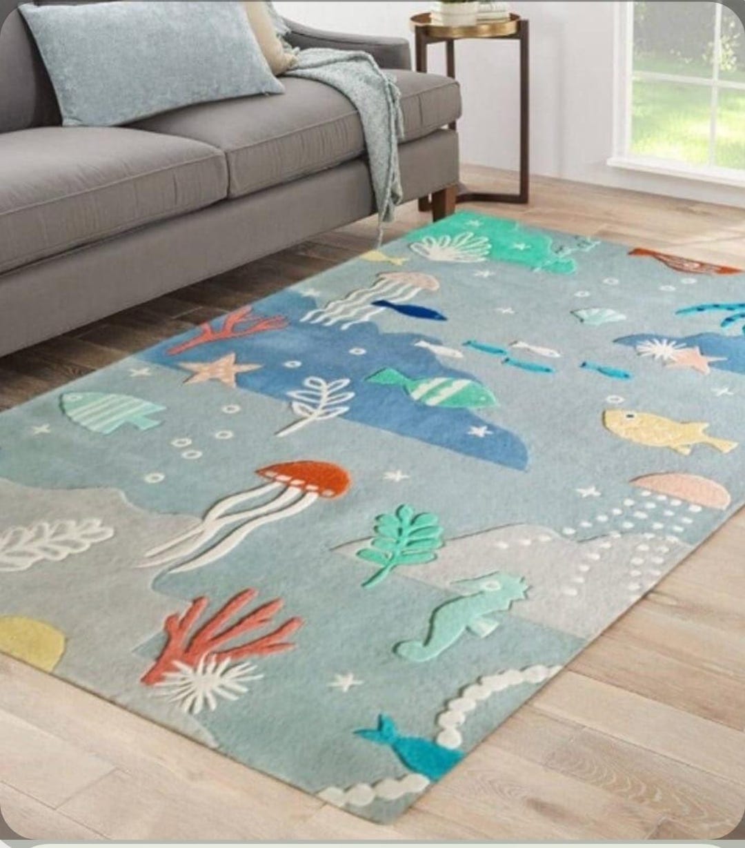 Ocean Theme Rug Hand Tufted Kids Ocean Theme Rug, Underwater Sea Life Area Rug, Nursery ...