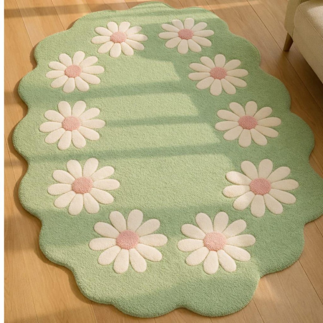 Small Daisy Rug Mint Green Daisy Rug, Floral Scalloped Carpet, Nursery Decor - Etsy