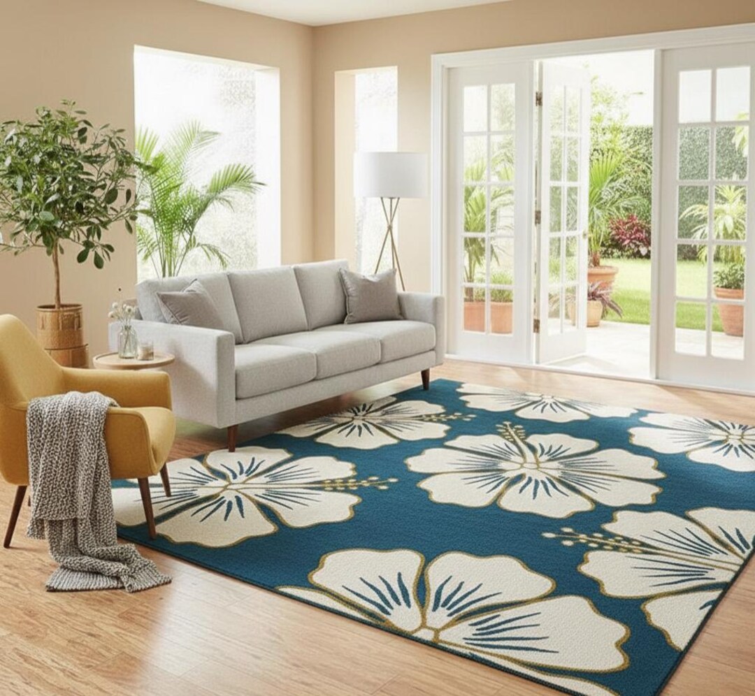 Blue Floral Area Rug, Modern Flower Pattern Carpet, Handmade Tufted Rug ...