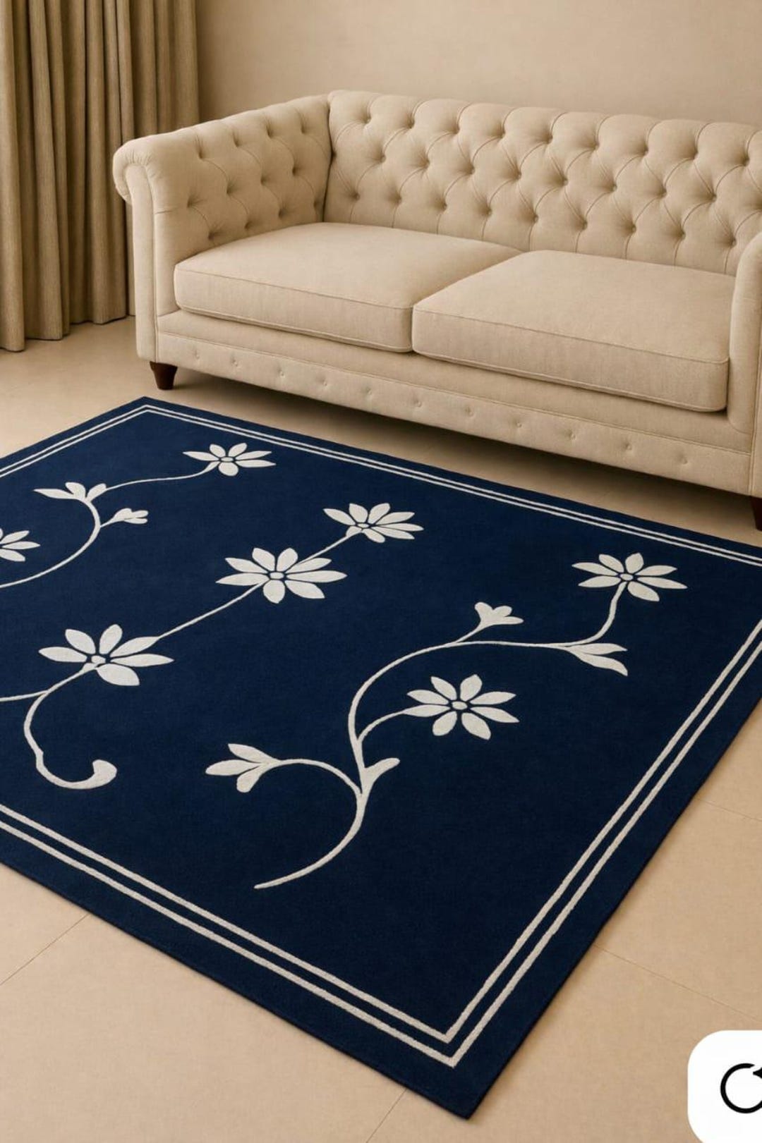 Navy Blue Floral Area Rug, Hand Tufted Wool Rug, Modern Flower Pattern ...