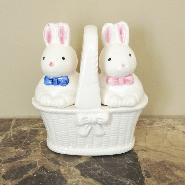 White Rabbits Salt and Pepper Shakers - Easter Bunny Figurines in Basket - Pink & Blue - Easter Decoration - Spring Decor - Nursery Decor