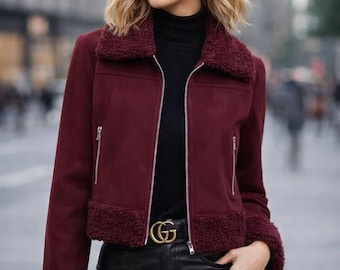 Women Shearling Faux Fur Trim Collar Jacket