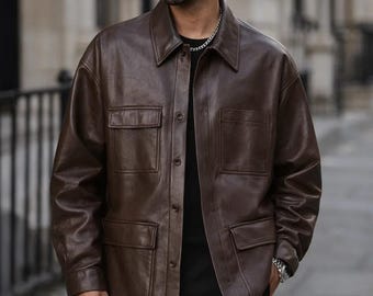 Brown Leather Flap Pocket Shirt Jacket