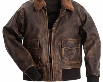 Men’s Vintage Distressed Leather Bomber Jacket  Brown Aviator Flight Jacket