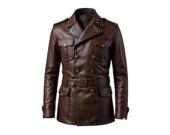 Men’s Brown Leather Military Trench Coat, Double Breasted Belted Jacket