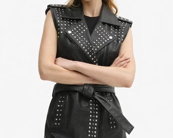 Women Black Studded Belted Leather Vest Sleeveless Biker Style Waistcoat