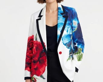 Women Floral Boyfriend Blazer Oversized Printed Jacket