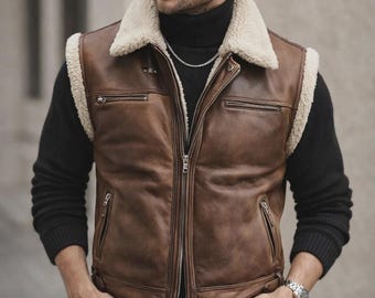 Men's Vintage Handmade Shearling Pilot Vest: B3 Bomber Leather