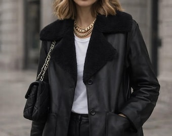 Women Faux Shearling Collar Oversized Button Jacket