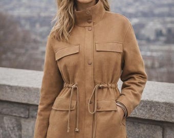 Women Faux Shearling Collar Longline Jacket, Oversized Zip Up Coat