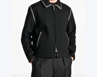 Handmade Men Black Zip-Up Shirt Jacket Whipstitch