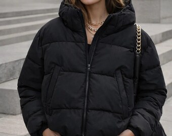 Black HOODED PUFFER JACKET