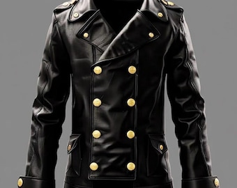 Men’s Black Leather Double Breasted Jacket, Military Style Winter Coat