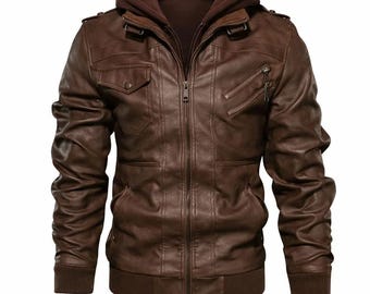 Men’s Real Lambskin Hooded Leather Bomber Jacket
