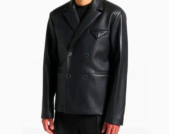 Men Black Double-Breasted Leather Blazer