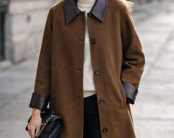 Oversized Faux Leather Barn long Coat with Contrasting Collar