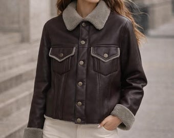 Men’s Brown Faux Shearling Jacket with Fur Collar