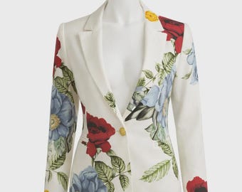 Women’s Floral Print Fitted Blazer – Off White Flower Design Jacket