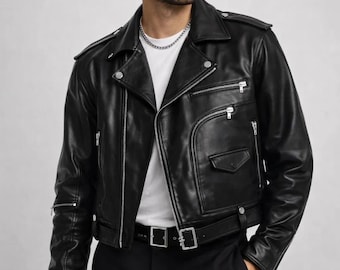 Oversized Black Leather Jacket, Men’s Cropped Biker Jacket