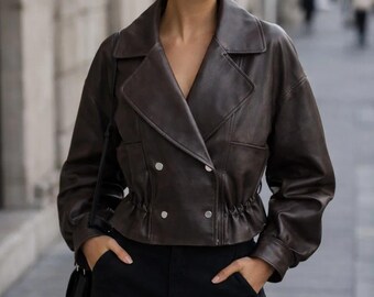 Women’s Oversized Faux Leather Jacket, Ruffle Double Breasted Coat
