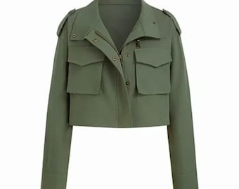 Women green Oversized Cropped Cotton Jacket
