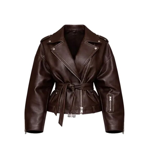 Oversized Dark Brown Belted Moto Jacket for Women Faux Leather Biker Style Coat