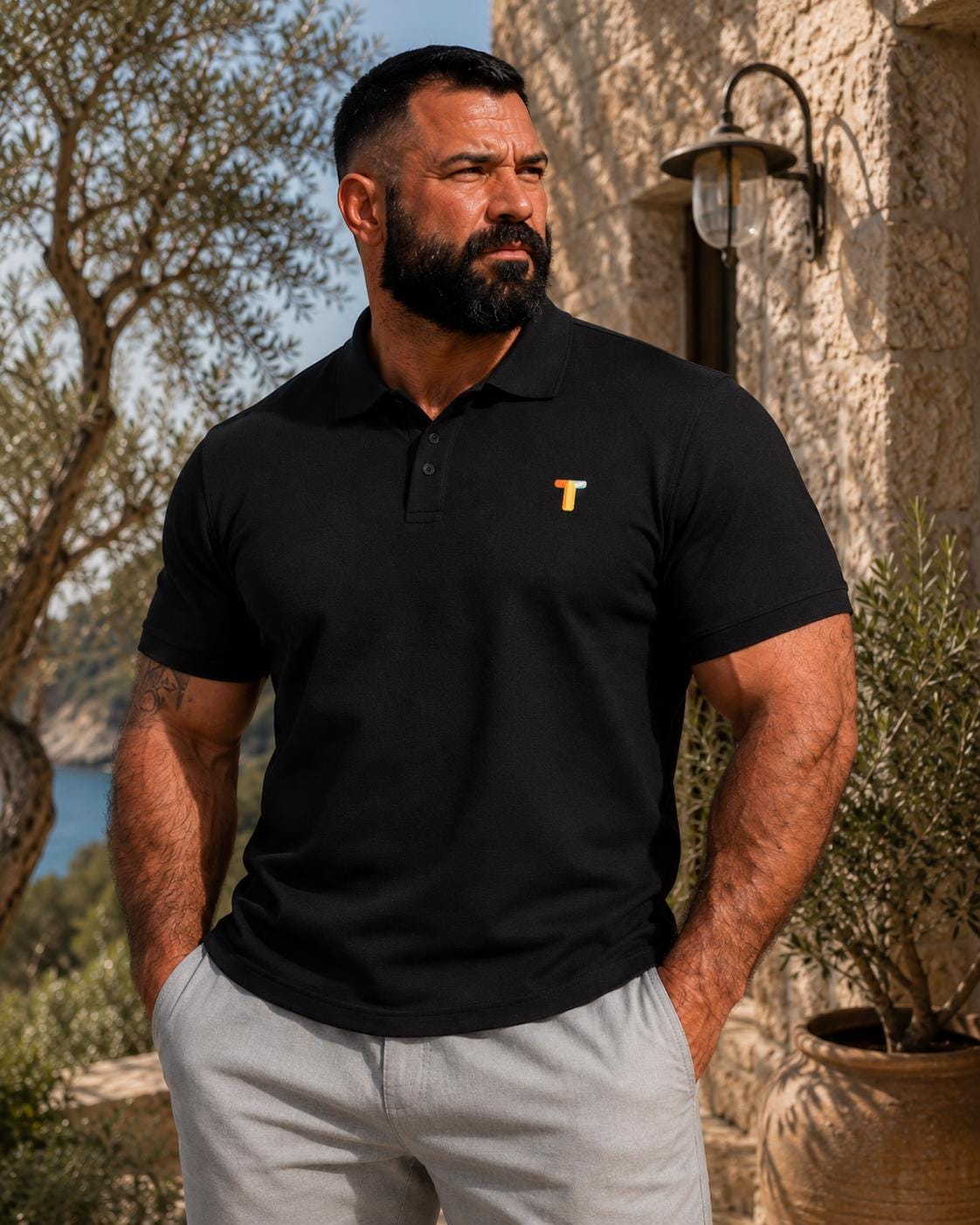 Black Cotton Polo Shirt, Embroidered T Logo, Minimalist Casual Menswear