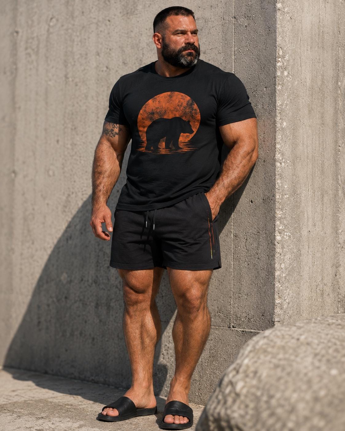 Mens Bear Sunset Graphic Tee, Vintage Ring-Spun Cotton Casual Shirt