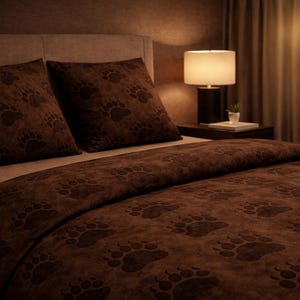 May include: A bed with a brown comforter and two matching pillows. The bedding features a repeating pattern of bear paw prints. A lamp with a white shade sits on a nightstand next to the bed.