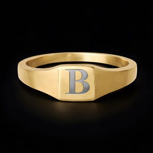 Mens B Initial Signet Ring Gold Minimal Letter Ring Masculine Jewelry Pinky Ring Stainless Steel Engraved Ring Gift for Him