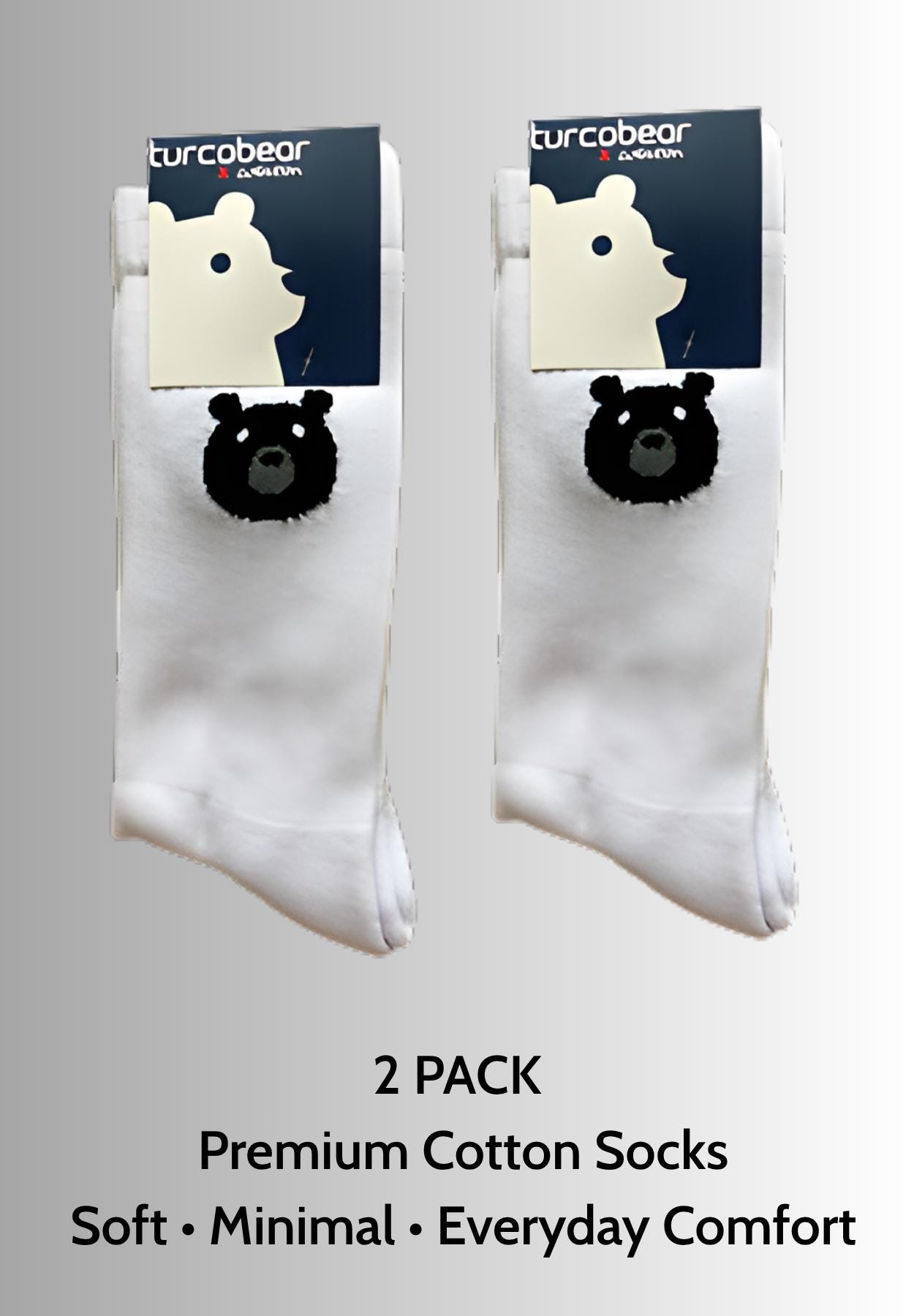 2 Pack White Cotton Crew Socks Mens Black Bear Design Cushioned Dail