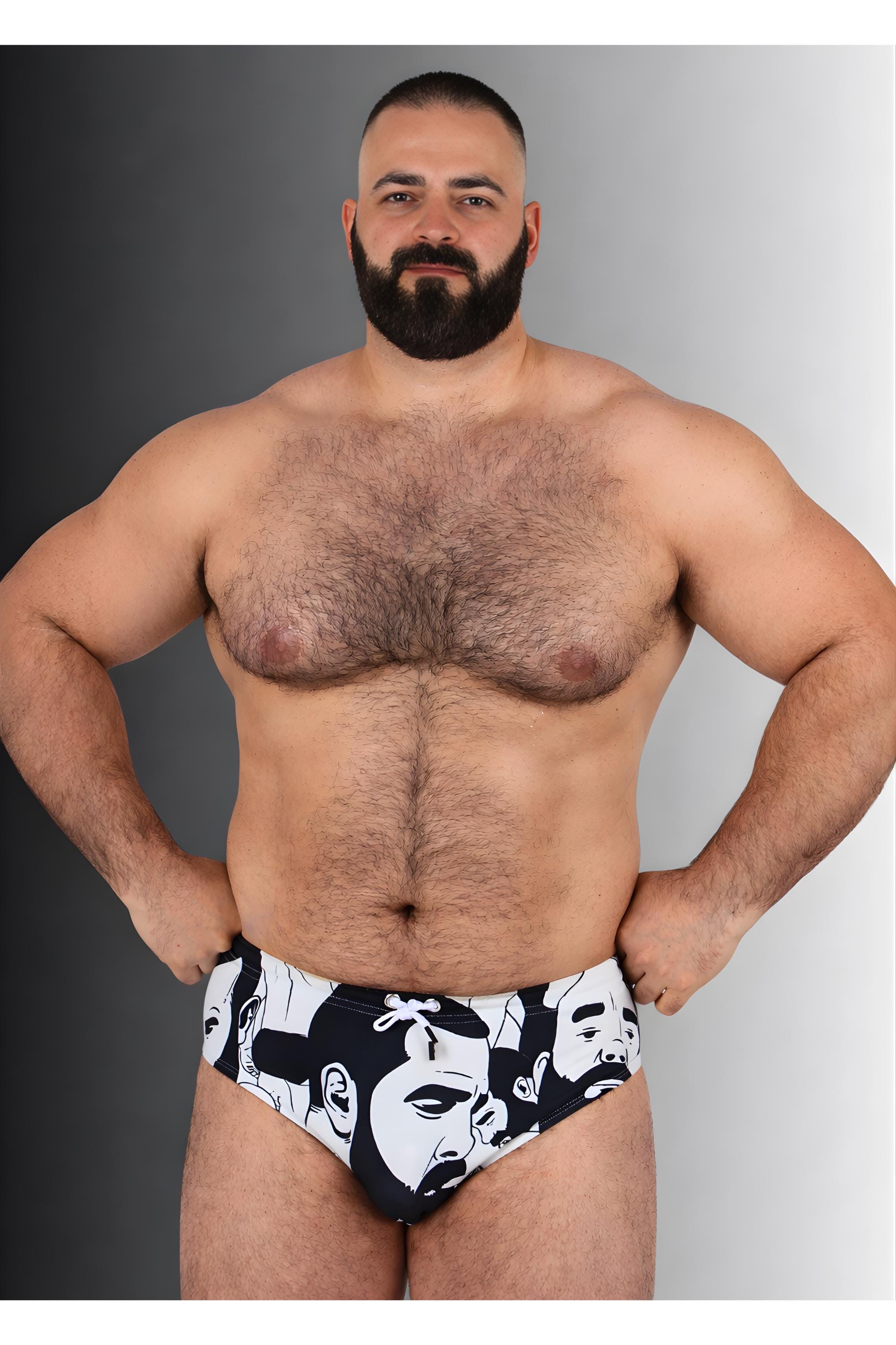 Men's Swim Briefs White Black Graphic Bear Print Minimal Swimwear Ga