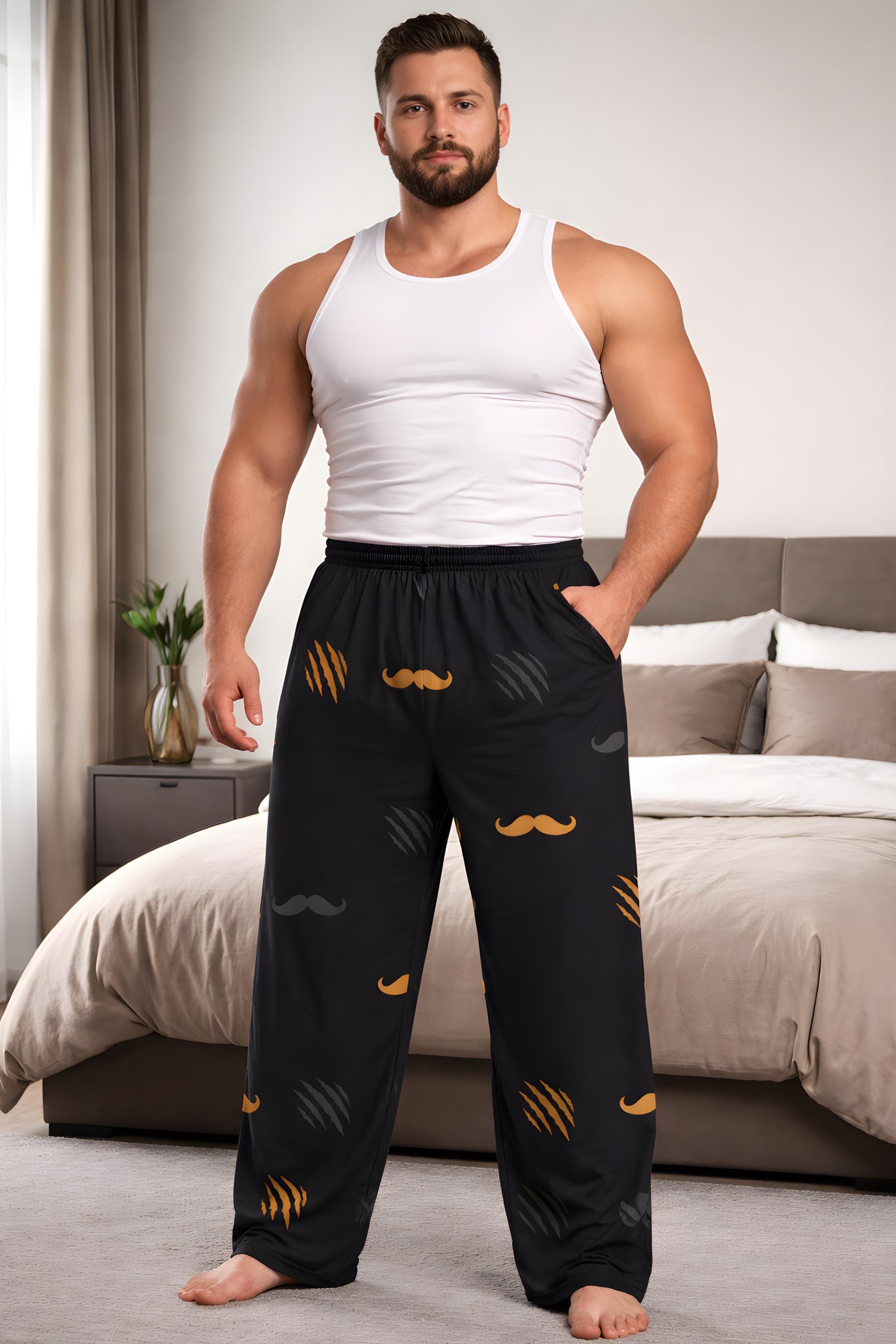 Mens Pajama Pants: Bear Mustache Print Loungewear