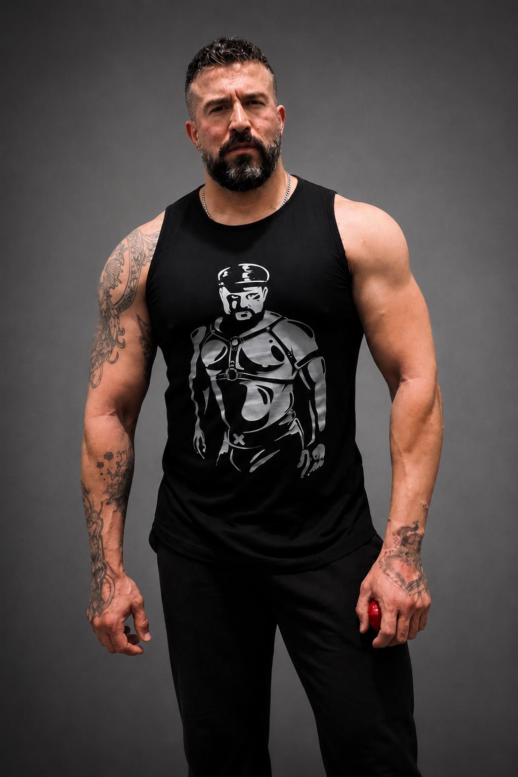 Mens Bear Graphic Tank Top Minimal Black Muscle Tank Gym Streetwear