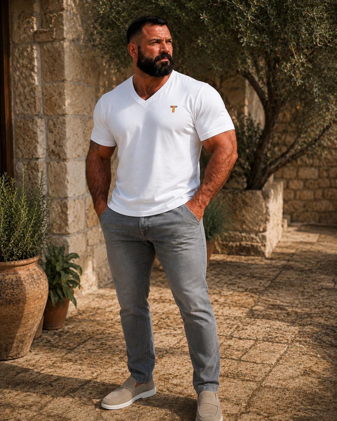 Men's Embroidered V-Neck T-Shirt: Lightweight Cotton Casual Summer Top