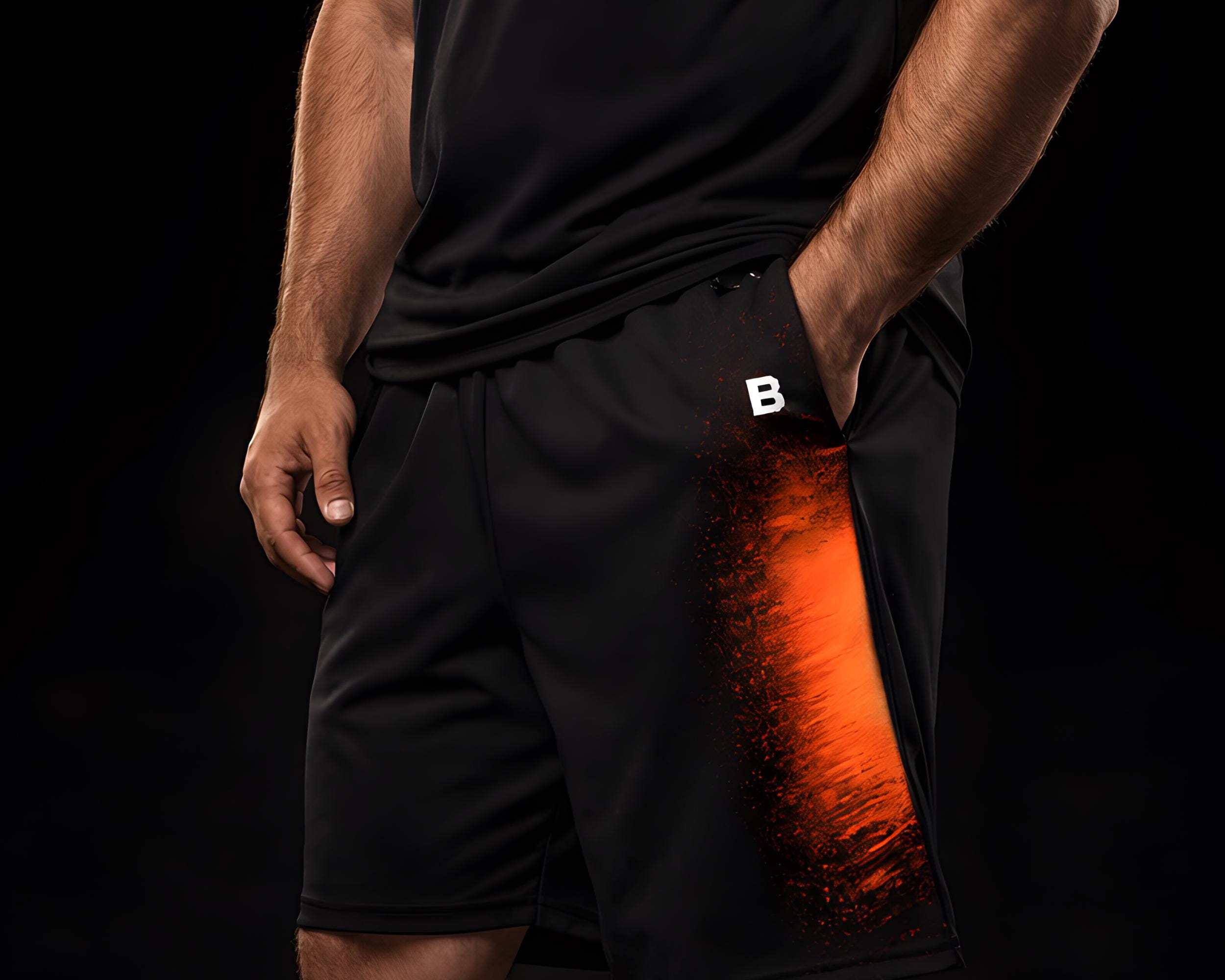 Mens Black Athletic Shorts Asymmetrical Orange Stripe Minimal Street