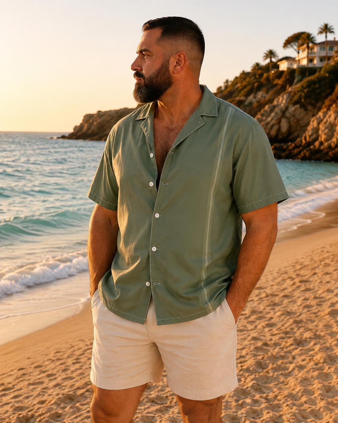 Sage Beam Resort Shirt – Men’s Olive Green Camp Collar Shirt, Summer Vacation & Beachwear