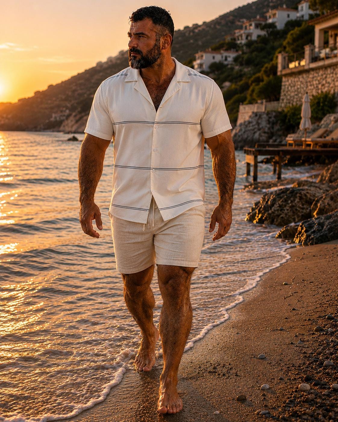 TurcoBear Riviera Resort Shirt | Linen-Blend Camp Collar Shirt | Minimal Horizontal Stripe Summer Shirt