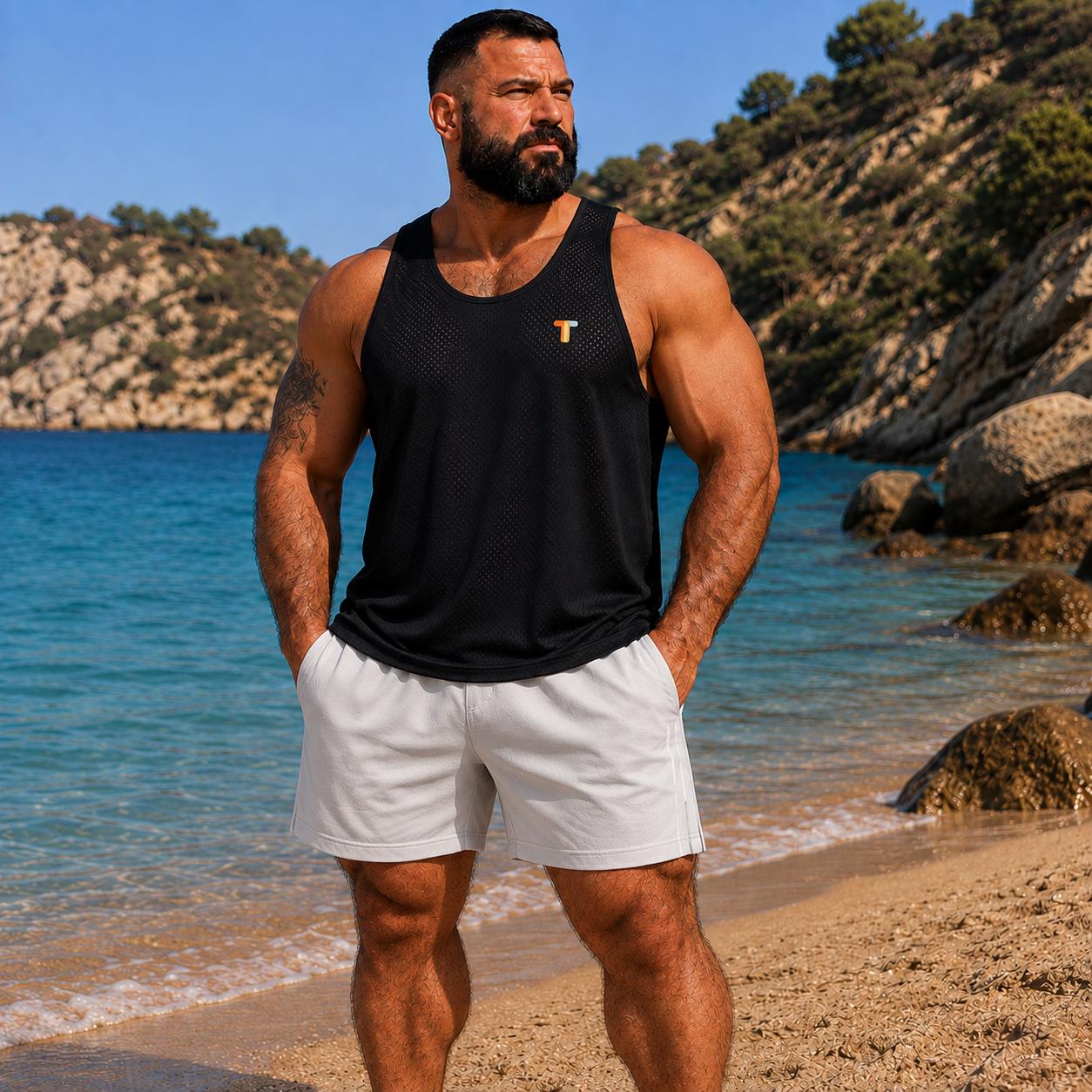 Men’s Reversible Mesh Tank Top, Minimalist T Logo, Breathable Athletic Gym Tank, Moisture Wicking Sportswear