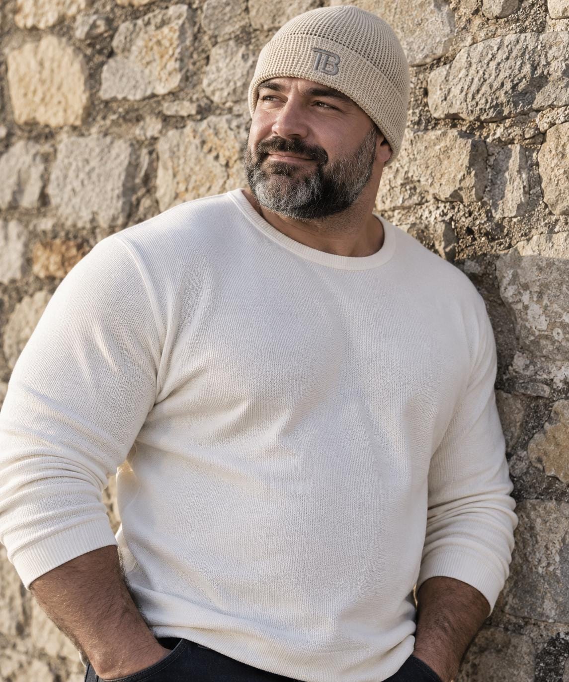 Men's Waffle Knit Beanie – Embroidered TB Monogram, Double-Layer Warmth