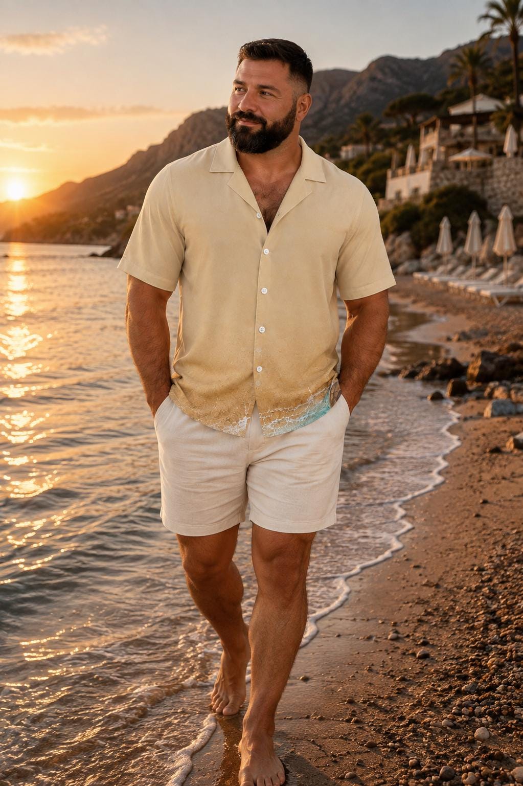 Coastal Camp Collar Shirt, Sea Turtle Resort Shirt, Beige Beach Shirt, Oyster Shell Button Detail, Luxury Vacation Wear
