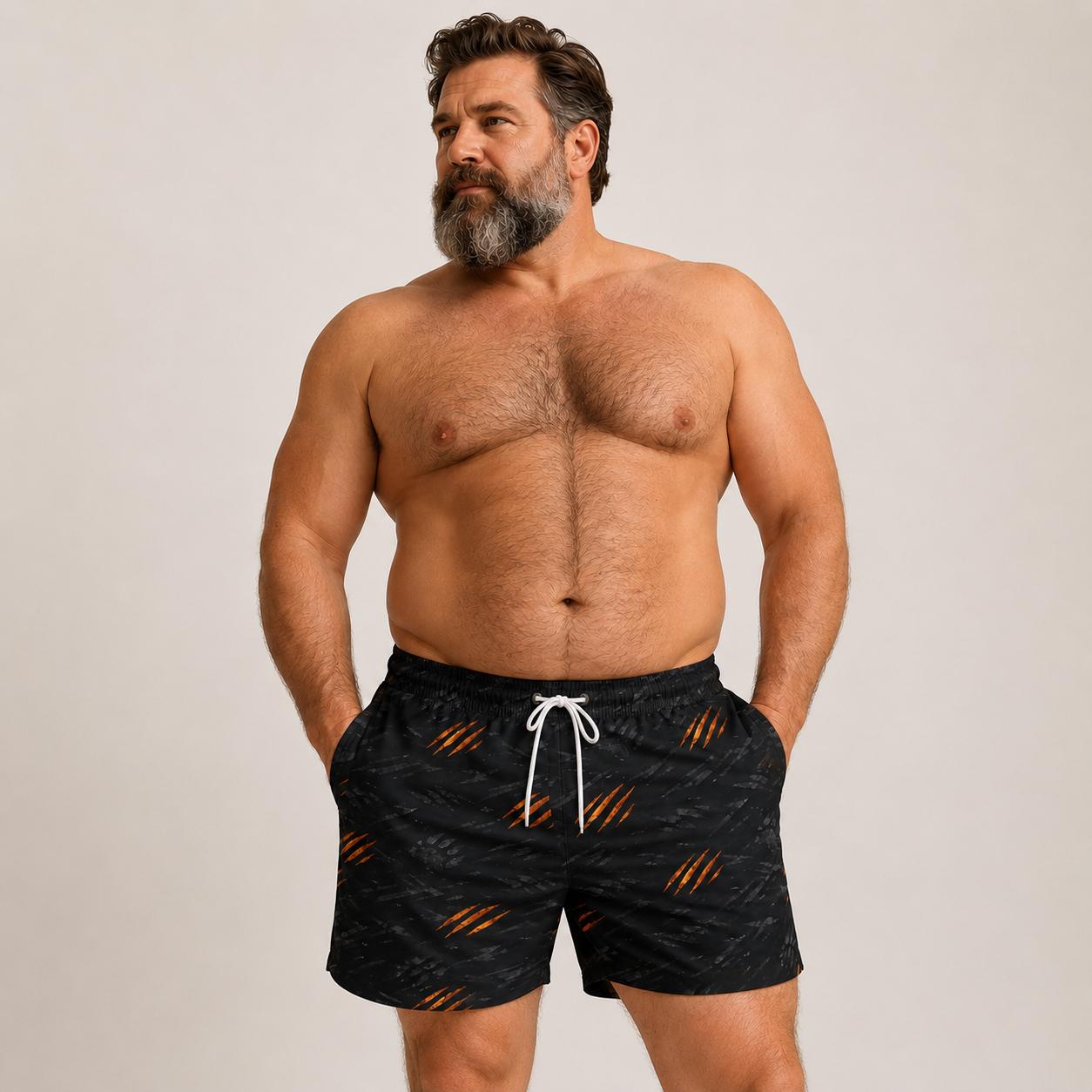 Dark Bear Claw Print Mens Swim Trunks - Minimalist Swimwear
