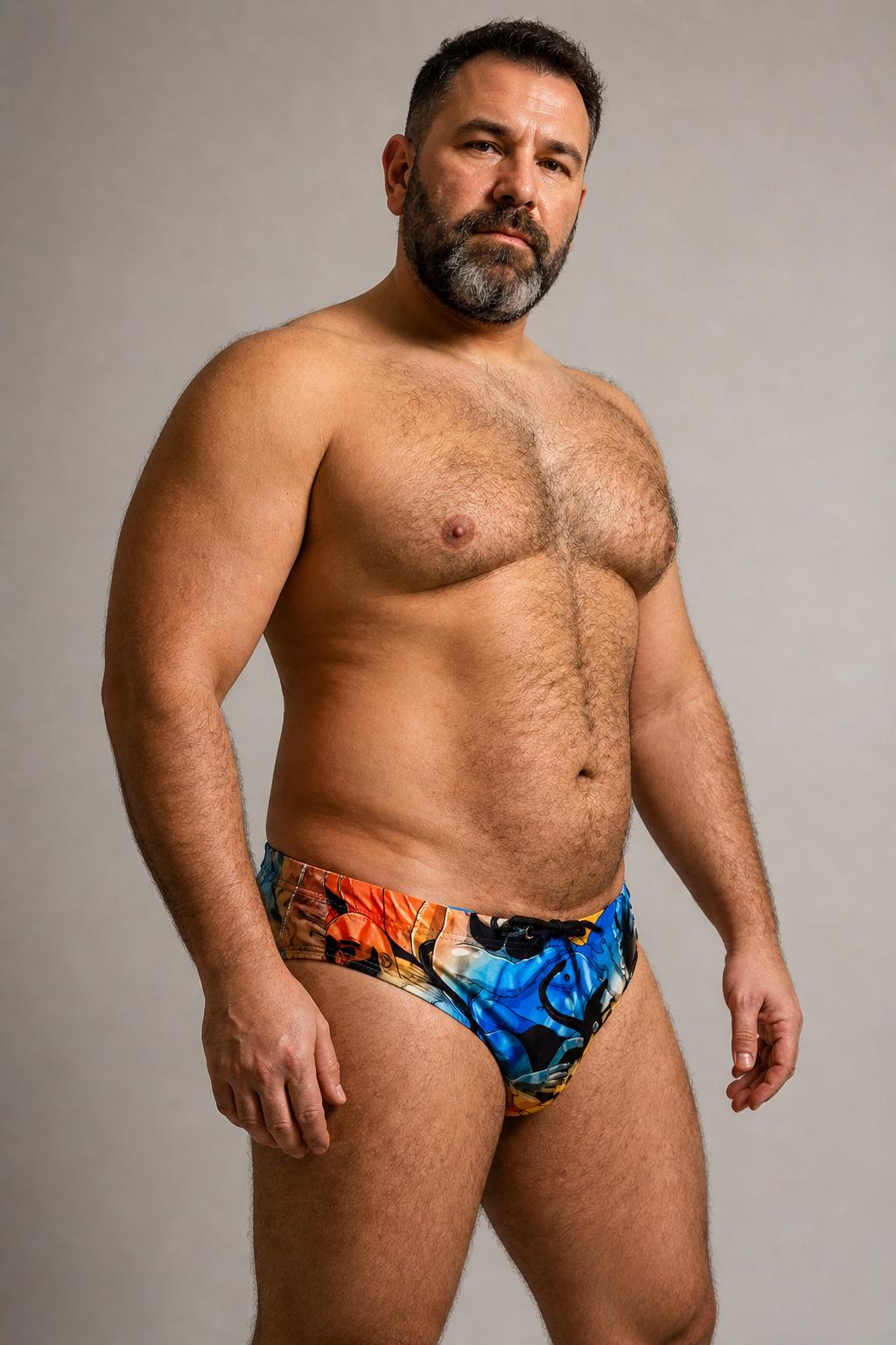 Mens Bear Swim Brief Bold Blue Orange Low Rise Sexy Swimwear