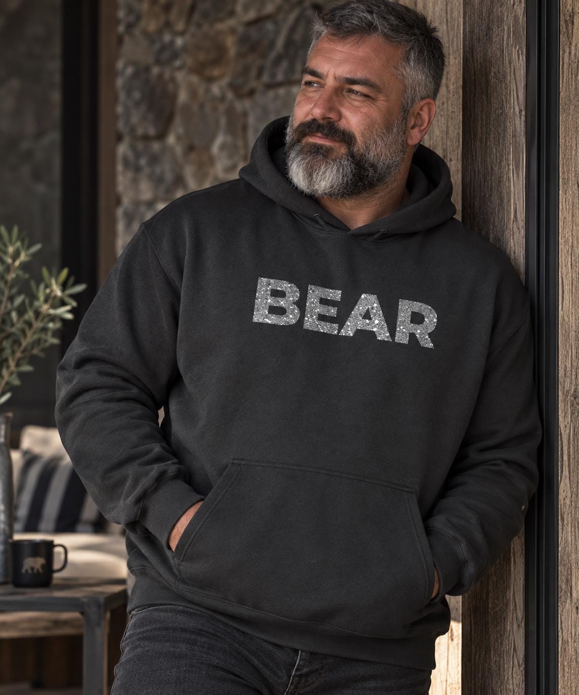 Mens BEAR Heavyweight Hoodie  Glitter Graphic Oversized Fleece Sweatshirt