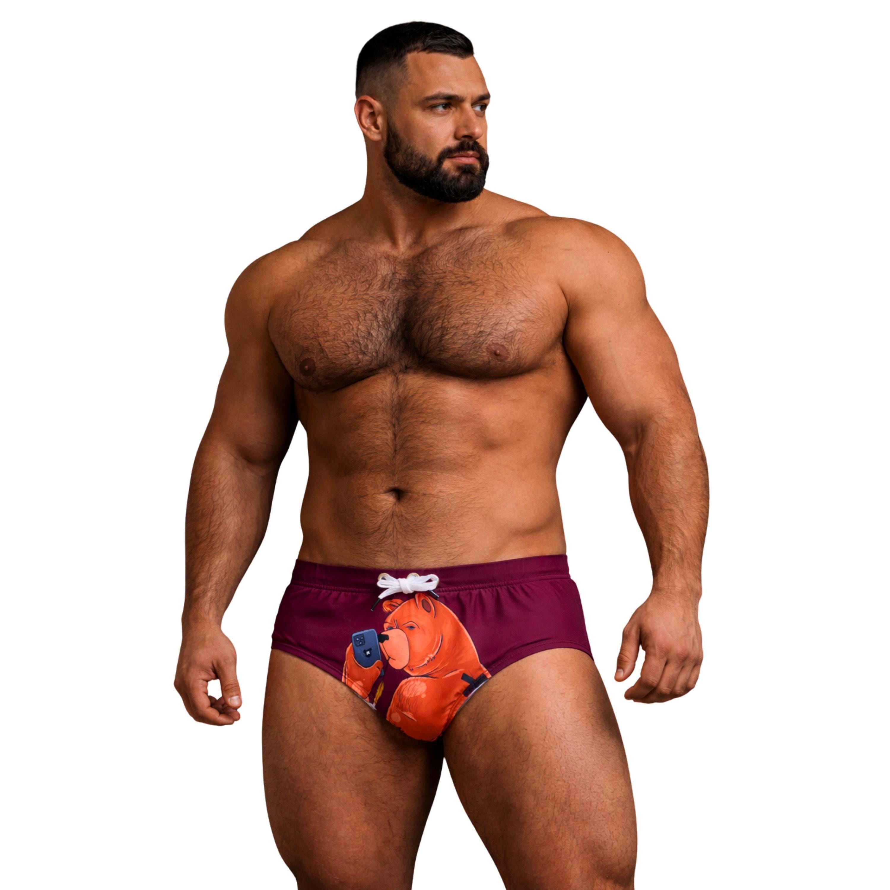 Mens Bear Print Swim Briefs Minimal Beach Swimwear